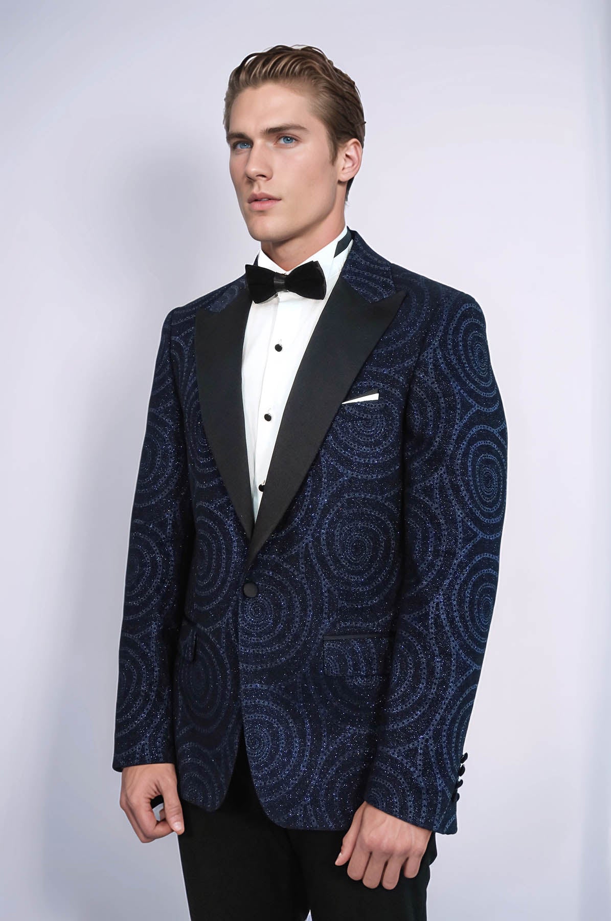 Hypnose Pattern Peak Lapel Slim Fit Navy Blue Men Prom Blazer - Wessi