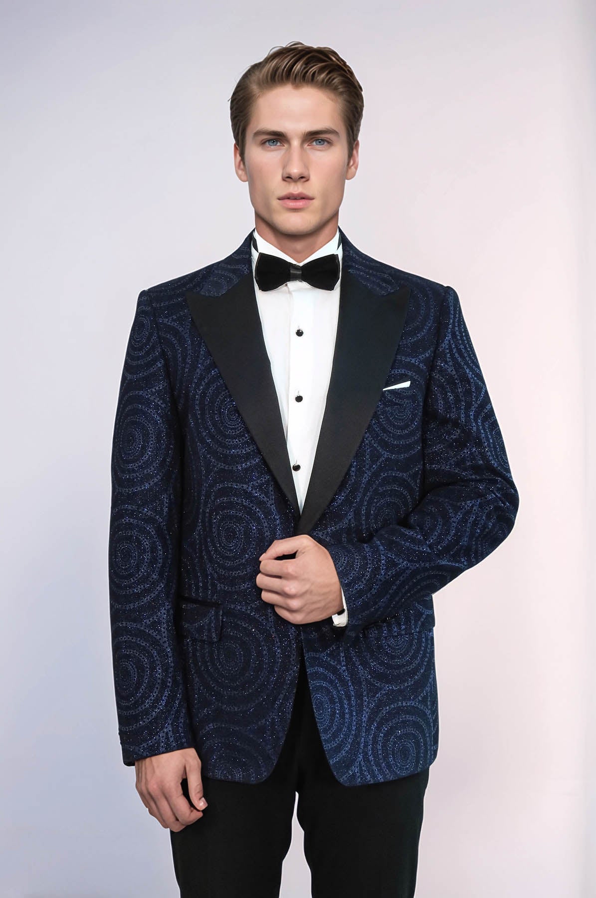 Hypnose Pattern Peak Lapel Slim Fit Navy Blue Men Prom Blazer - Wessi