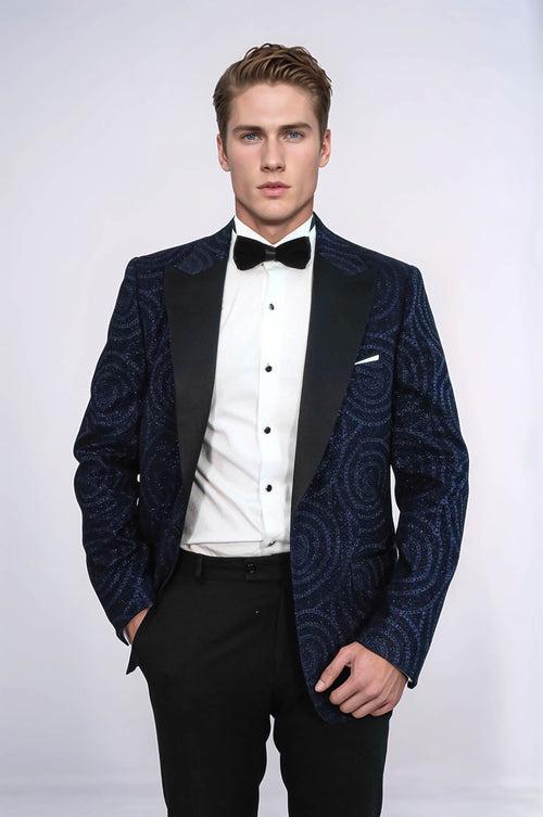 Hypnose Pattern Peak Lapel Slim Fit Navy Blue Men Prom Blazer - Wessi