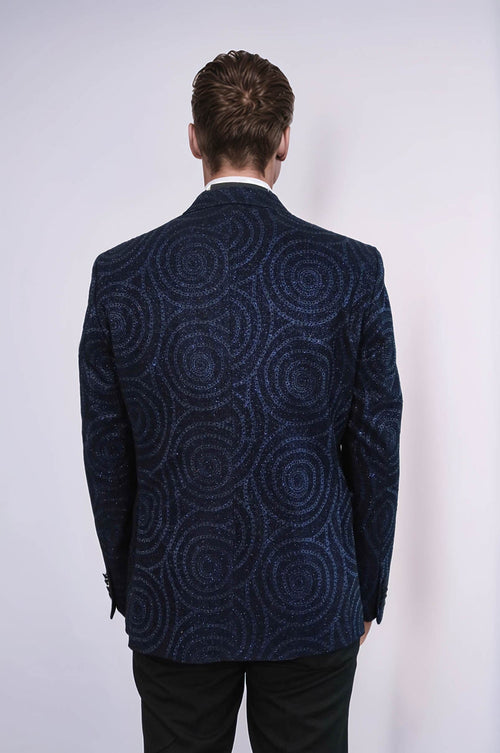 Hypnose Pattern Peak Lapel Slim Fit Navy Blue Men Prom Blazer - Wessi