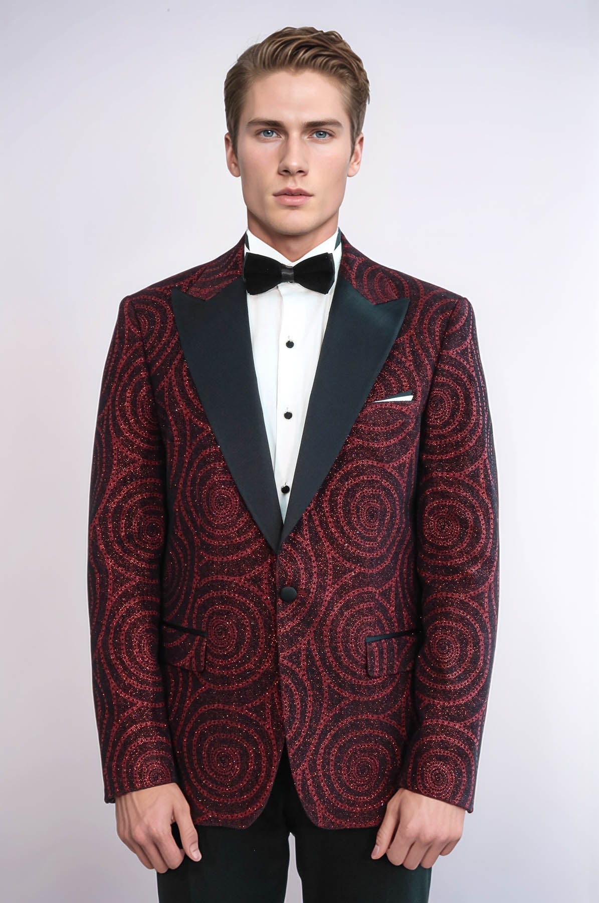 Hypnose Pattern Peak Lapel Slim Fit Burgundy Men Prom Blazer - Wessi