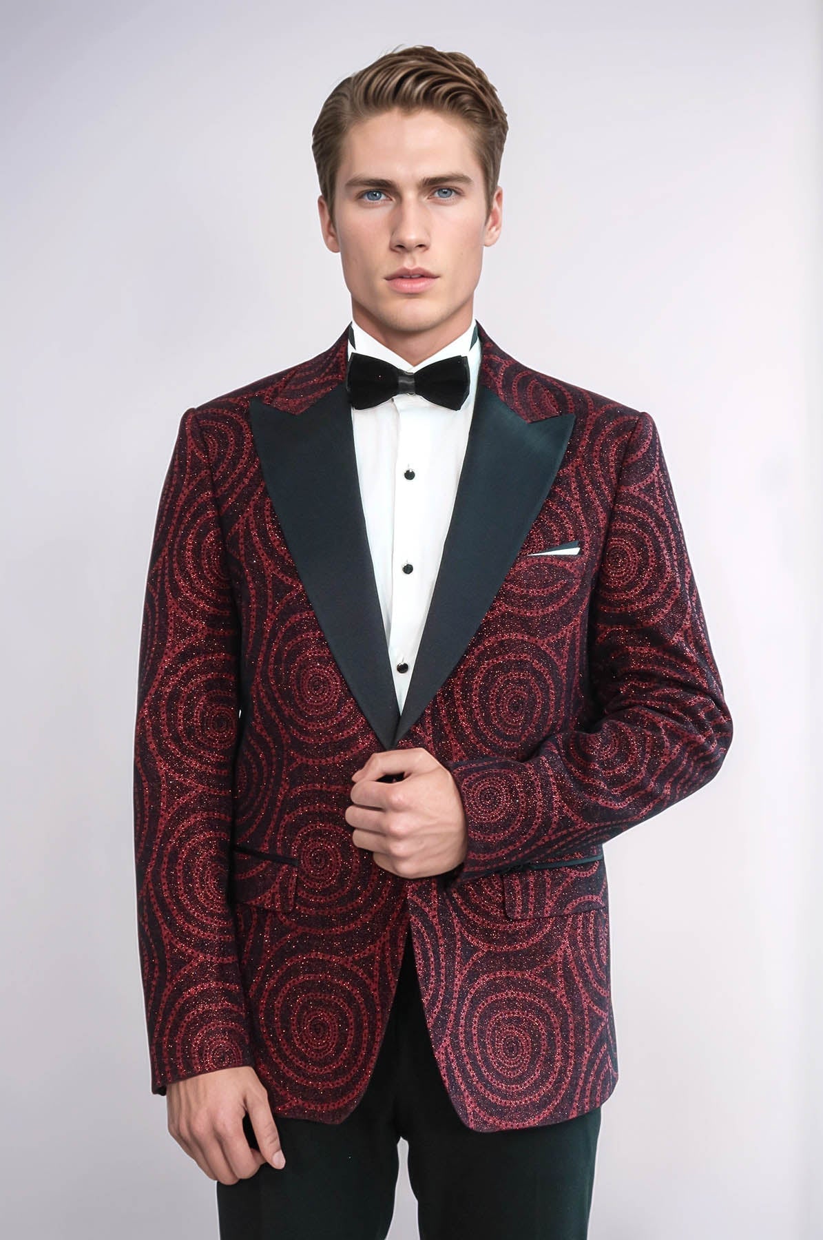 Hypnose Pattern Peak Lapel Slim Fit Burgundy Men Prom Blazer - Wessi