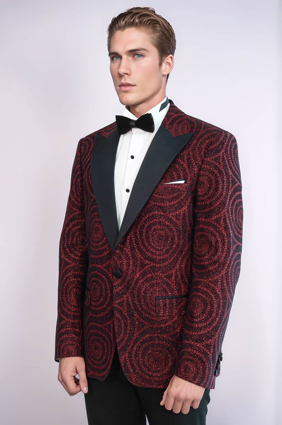 Hypnose Pattern Peak Lapel Slim Fit Burgundy Men Prom Blazer - Wessi