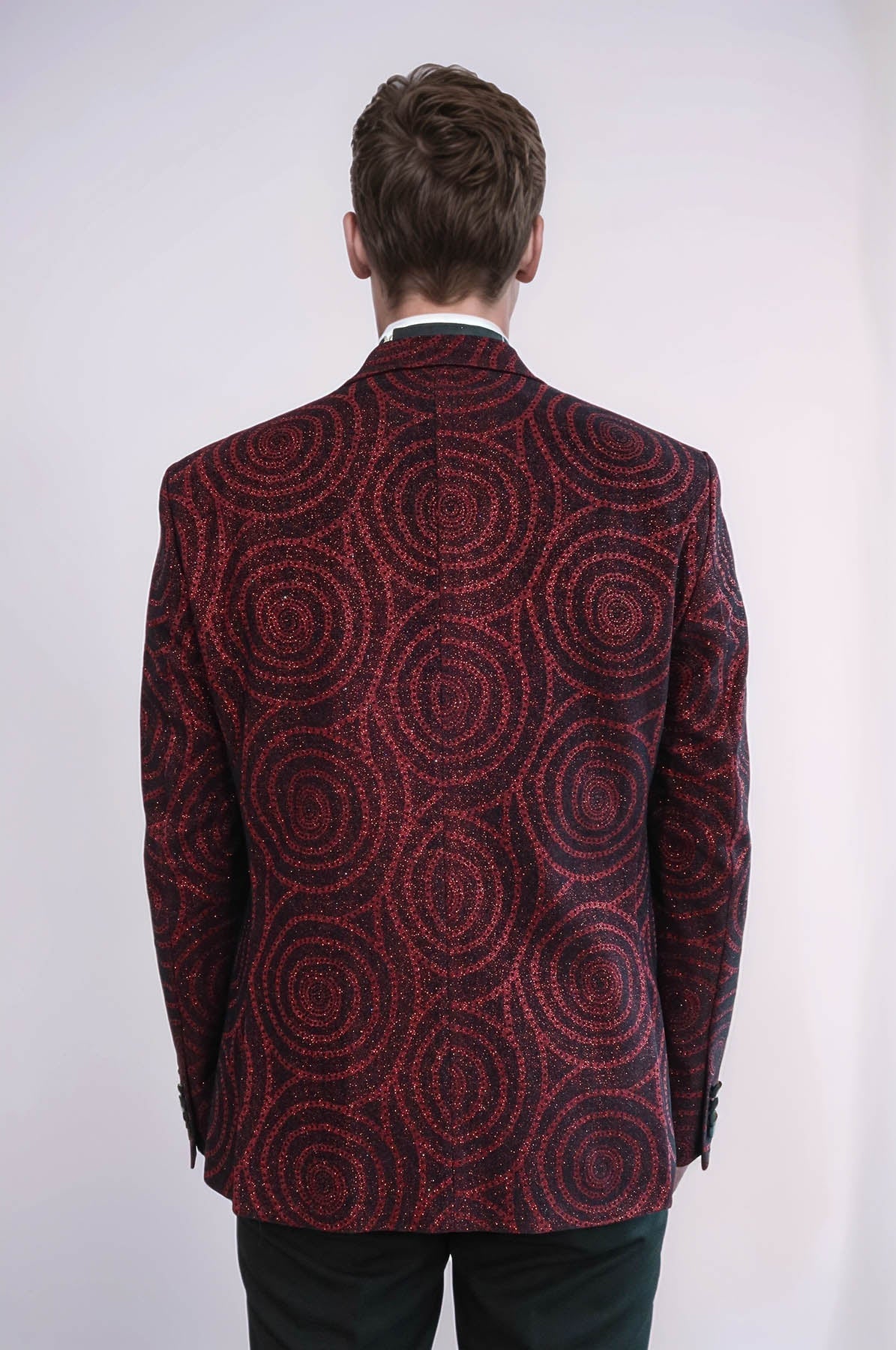 Hypnose Pattern Peak Lapel Slim Fit Burgundy Men Prom Blazer - Wessi