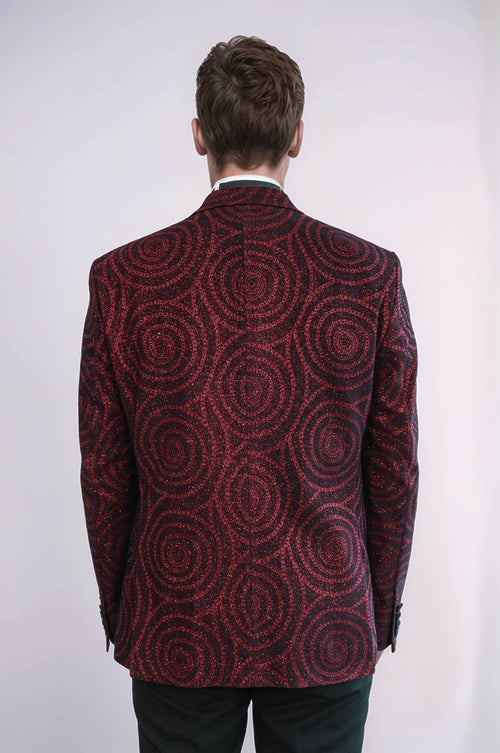 Hypnose Pattern Peak Lapel Slim Fit Burgundy Men Prom Blazer - Wessi