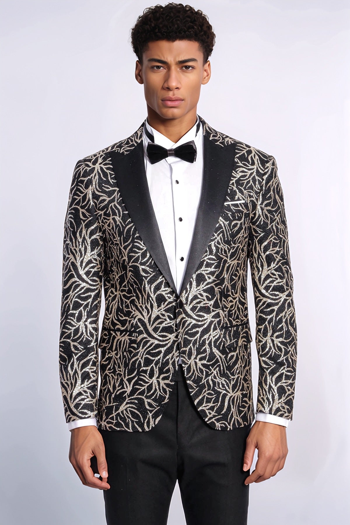 Sparkling Ivy Patterned Slim Fit Black Men Prom Blazer - Wessi