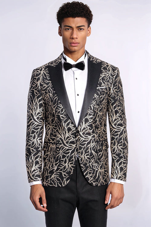 Sparkling Ivy Patterned Slim Fit Black Men Prom Blazer - Wessi