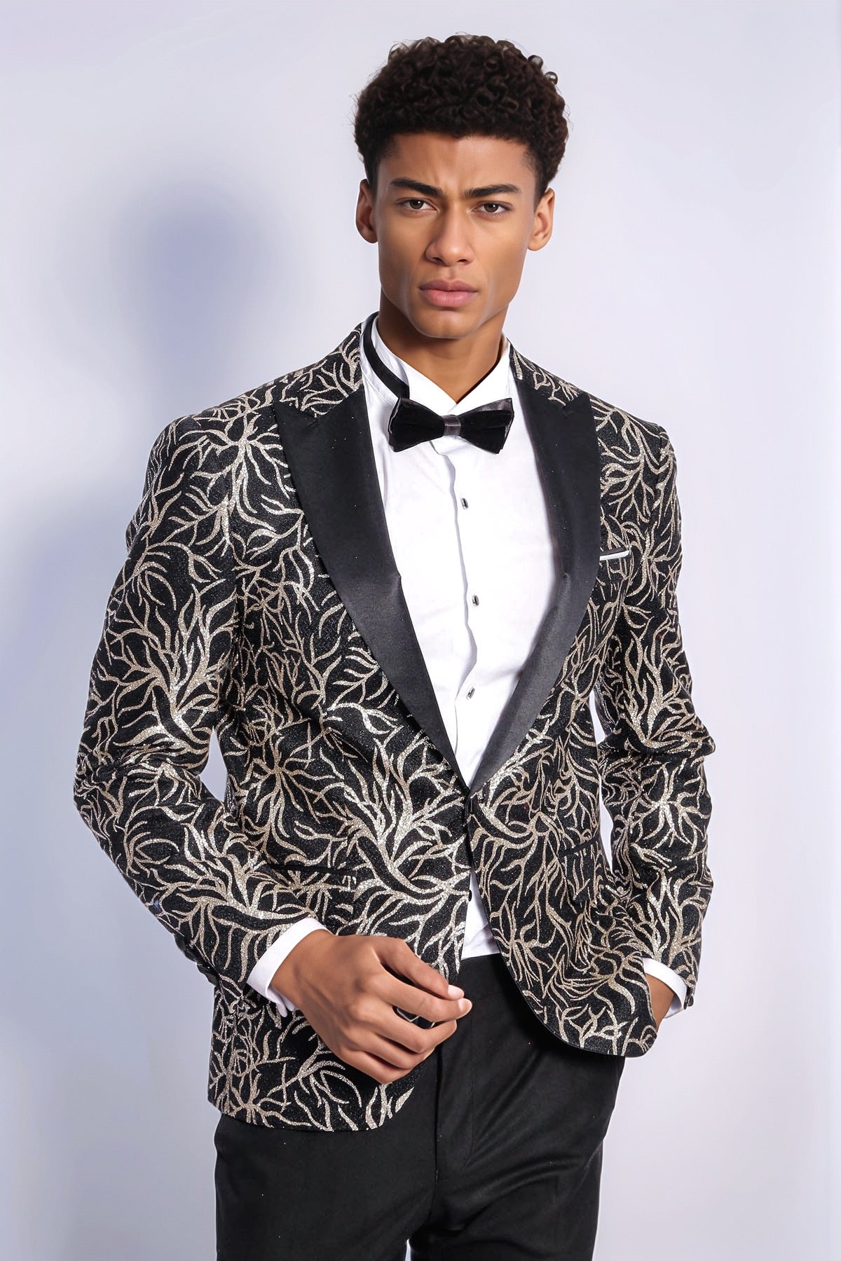 Sparkling Ivy Patterned Slim Fit Black Men Prom Blazer - Wessi