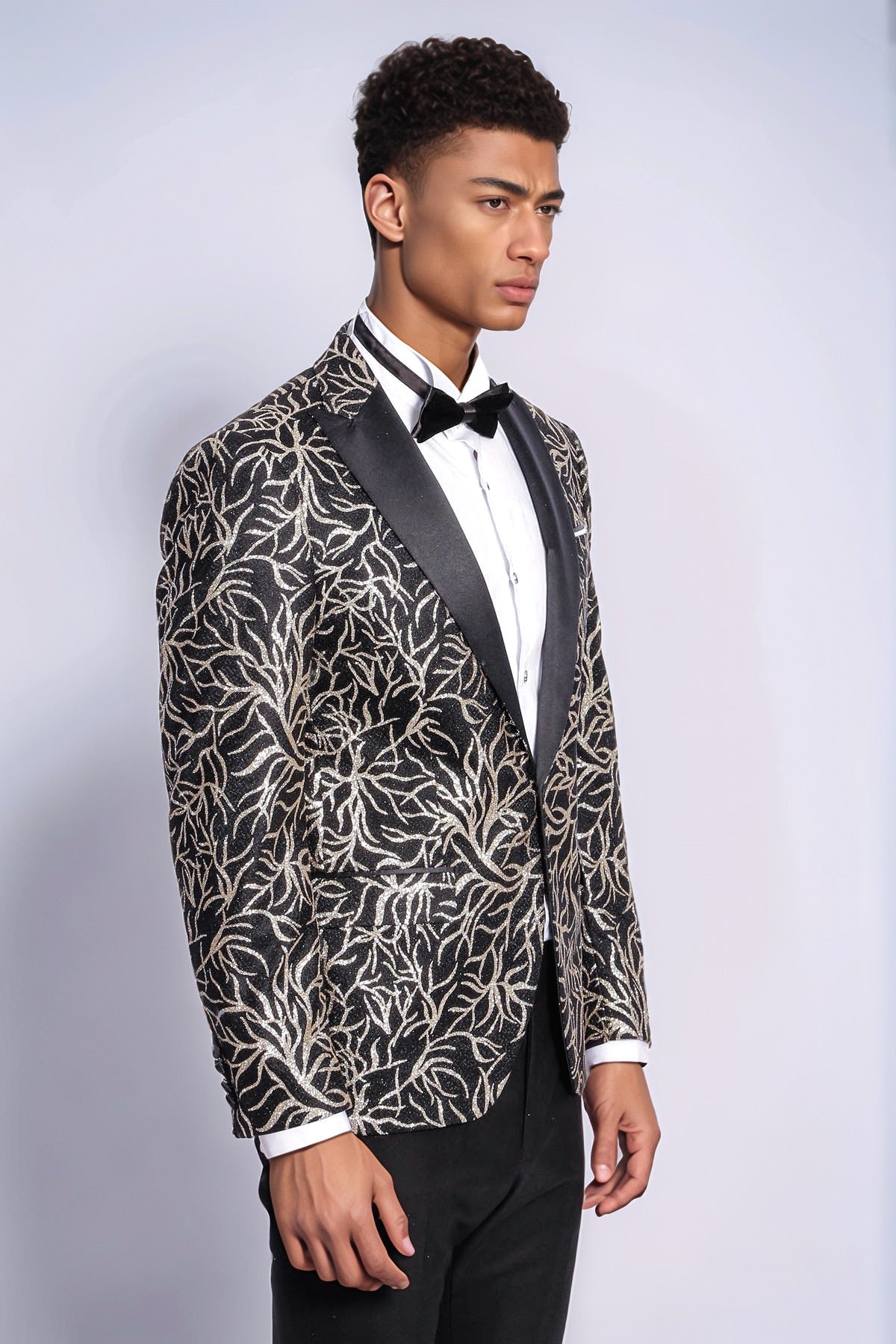 Sparkling Ivy Patterned Slim Fit Black Men Prom Blazer - Wessi