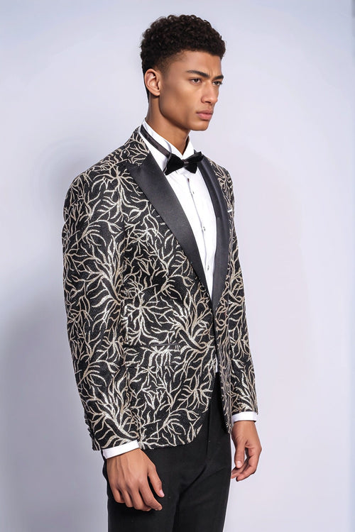 Sparkling Ivy Patterned Slim Fit Black Men Prom Blazer - Wessi