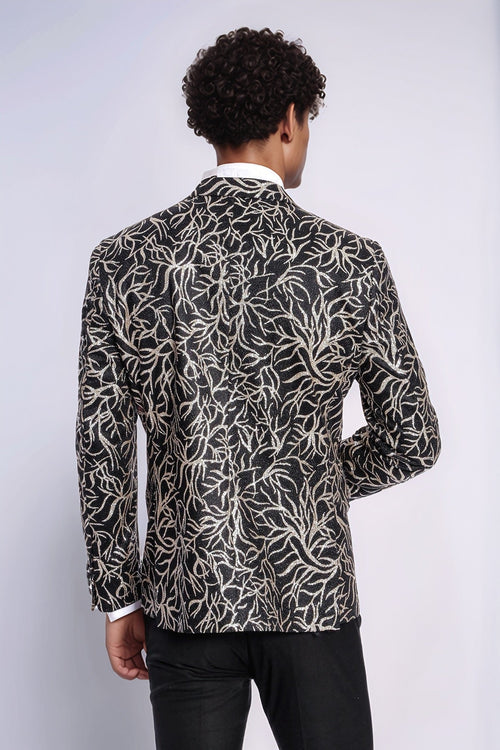 Sparkling Ivy Patterned Slim Fit Black Men Prom Blazer - Wessi