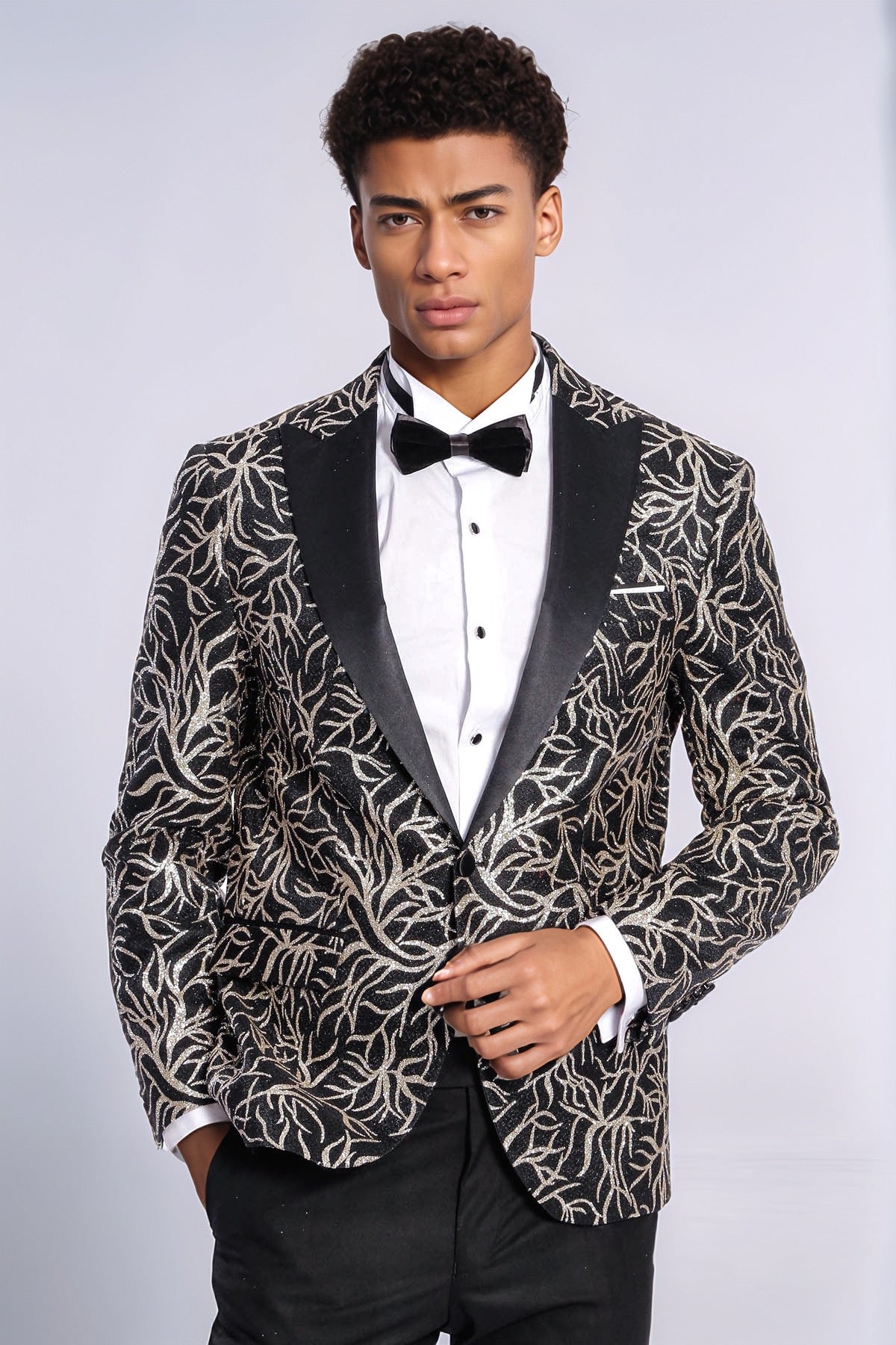 Sparkling Ivy Patterned Slim Fit Black Men Prom Blazer - Wessi