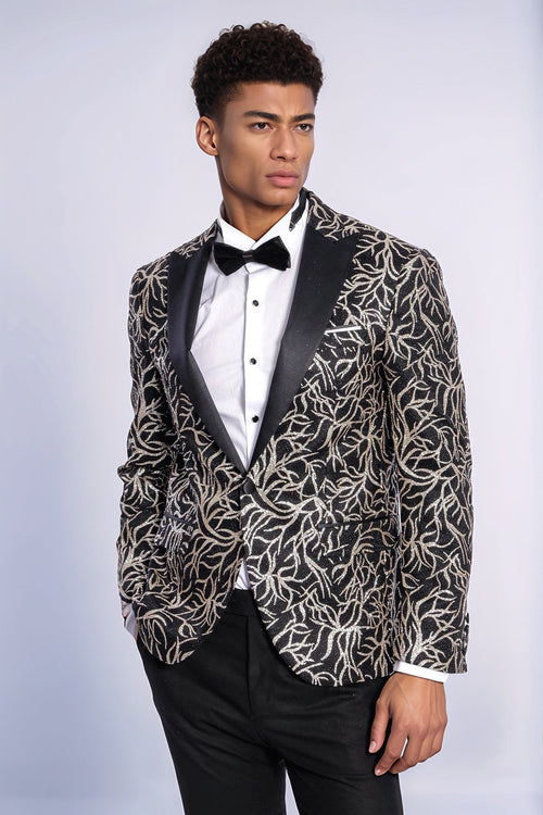 Sparkling Ivy Patterned Slim Fit Black Men Prom Blazer - Wessi
