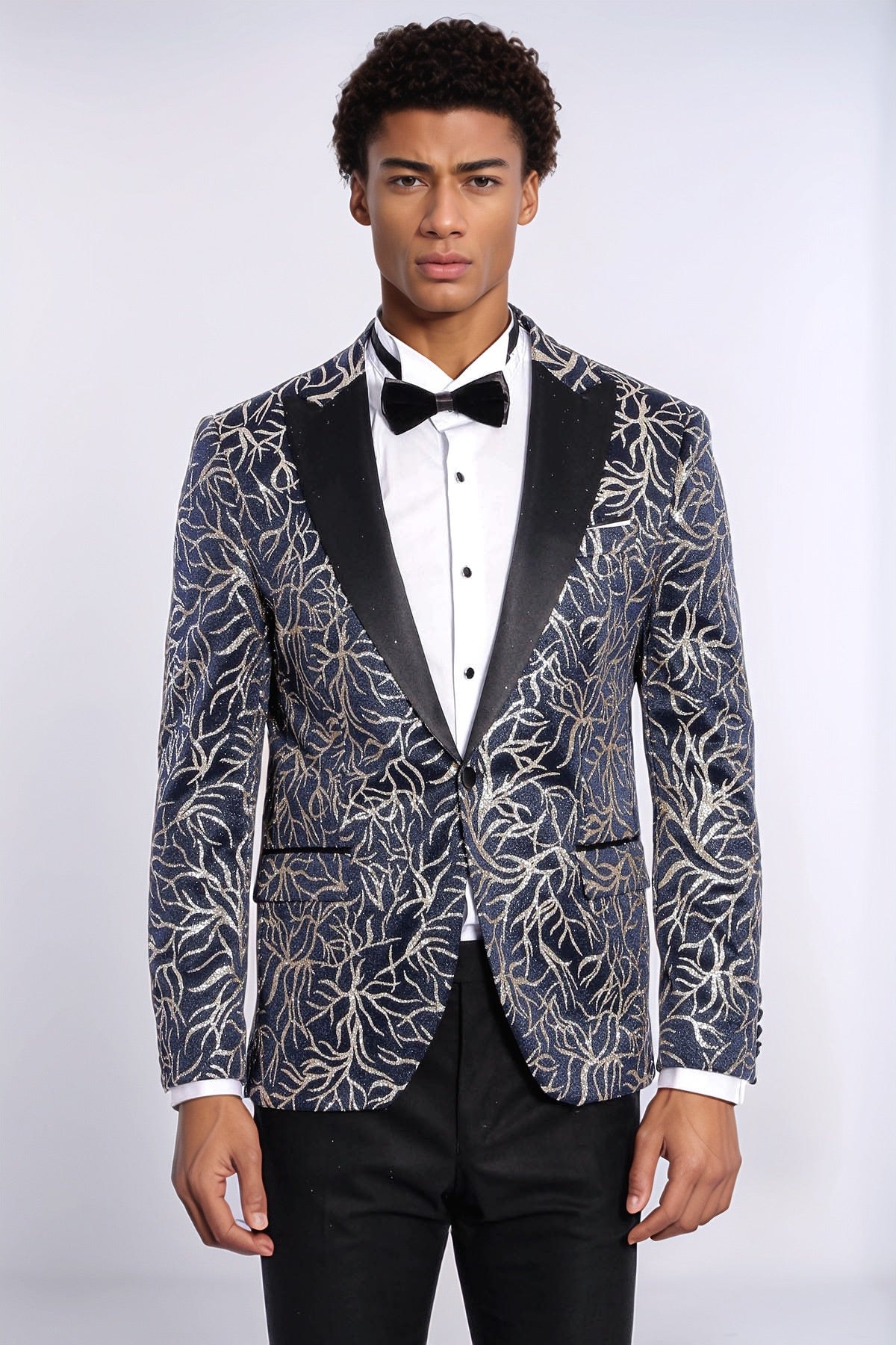 Sparkling Ivy Patterned Slim Fit Navy Blue Men Prom Blazer - Wessi