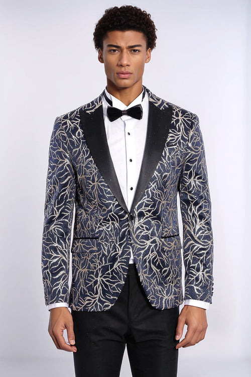 Sparkling Ivy Patterned Slim Fit Navy Blue Men Prom Blazer - Wessi
