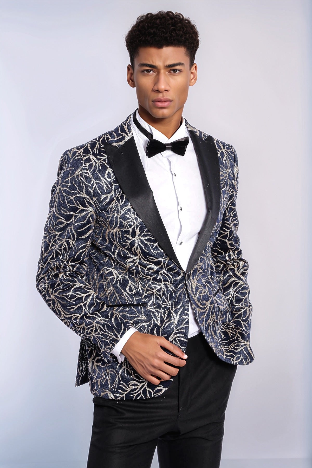Sparkling Ivy Patterned Slim Fit Navy Blue Men Prom Blazer - Wessi