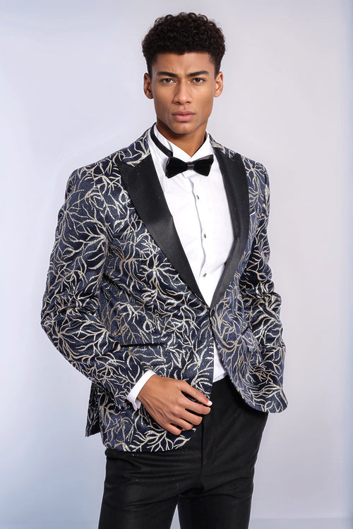 Sparkling Ivy Patterned Slim Fit Navy Blue Men Prom Blazer - Wessi