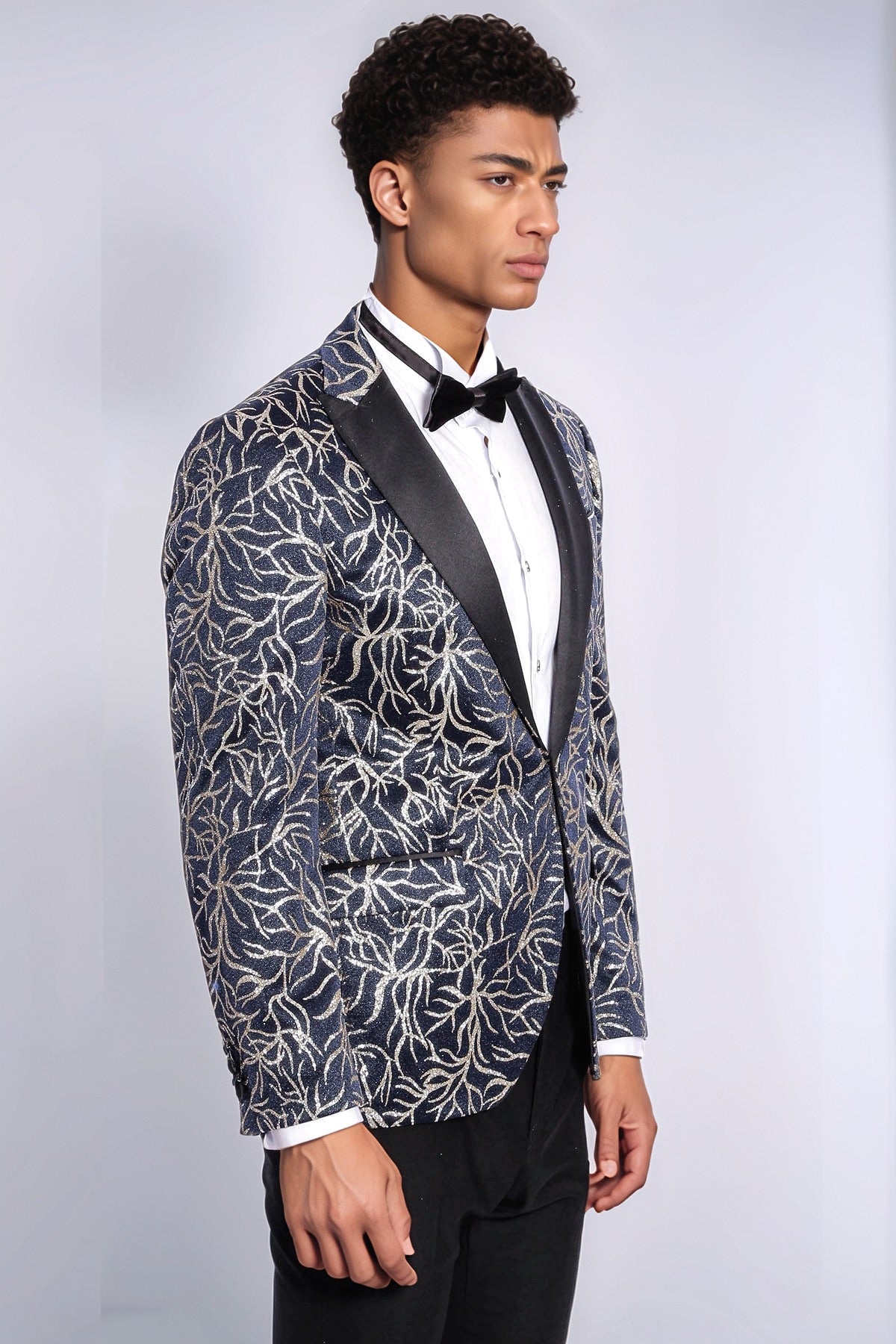 Sparkling Ivy Patterned Slim Fit Navy Blue Men Prom Blazer - Wessi