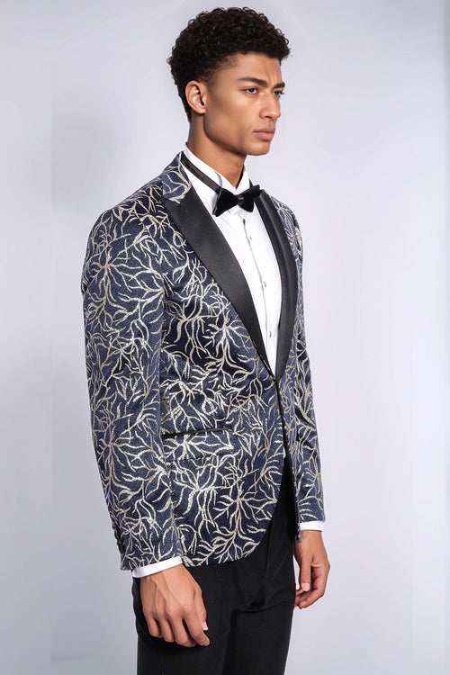 Sparkling Ivy Patterned Slim Fit Navy Blue Men Prom Blazer - Wessi