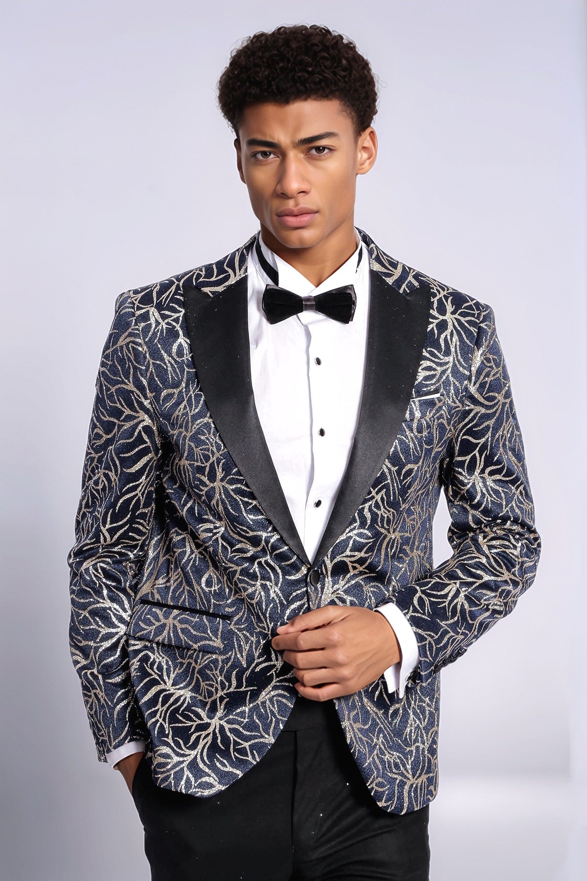 Sparkling Ivy Patterned Slim Fit Navy Blue Men Prom Blazer - Wessi