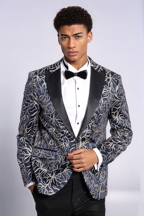 Sparkling Ivy Patterned Slim Fit Navy Blue Men Prom Blazer - Wessi