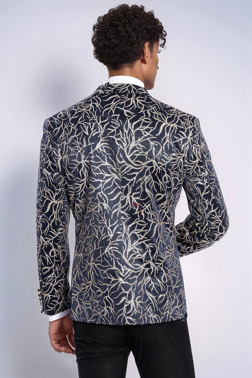Sparkling Ivy Patterned Slim Fit Navy Blue Men Prom Blazer - Wessi