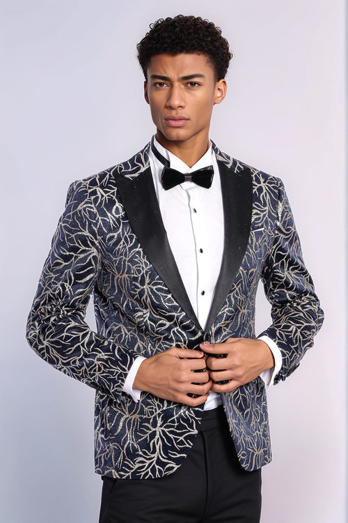 Sparkling Ivy Patterned Slim Fit Navy Blue Men Prom Blazer - Wessi