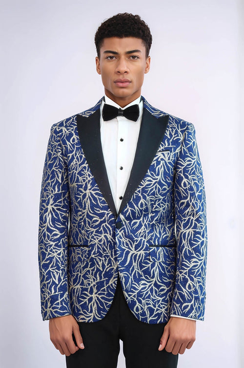 Sparkling Ivy Patterned Slim Fit Blue Men Prom Blazer - Wessi