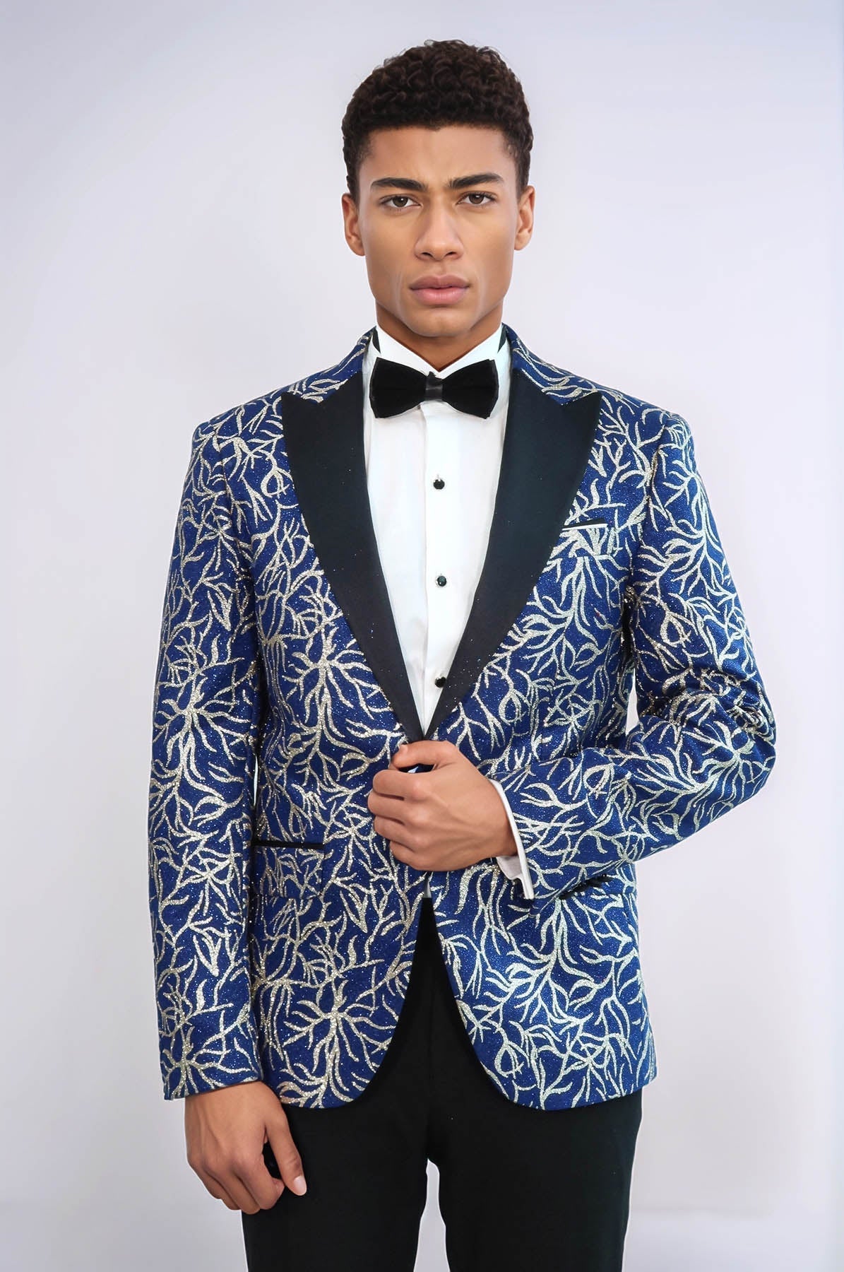 Sparkling Ivy Patterned Slim Fit Blue Men Prom Blazer - Wessi