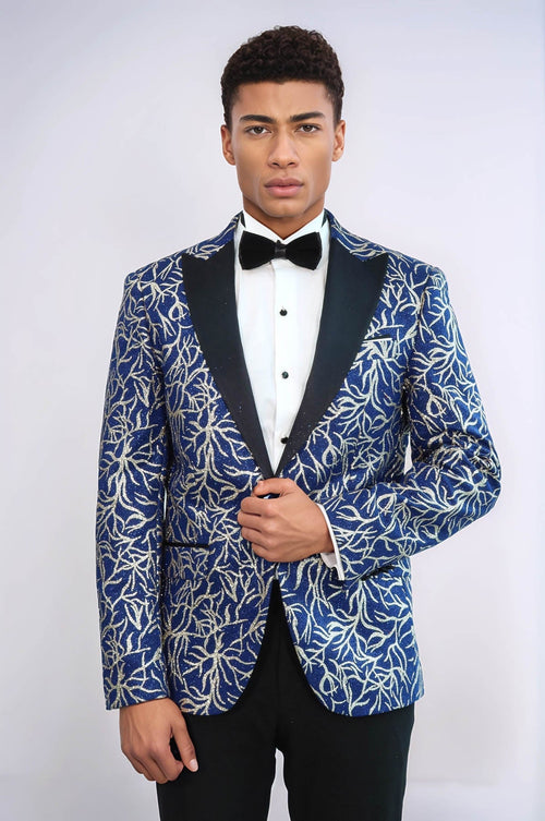 Sparkling Ivy Patterned Slim Fit Blue Men Prom Blazer - Wessi