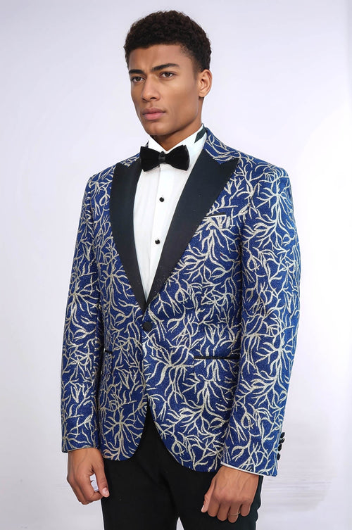 Sparkling Ivy Patterned Slim Fit Blue Men Prom Blazer - Wessi