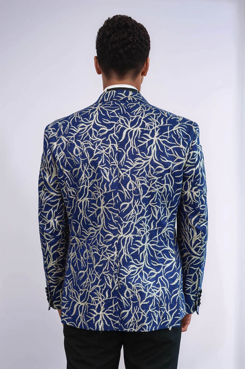 Sparkling Ivy Patterned Slim Fit Blue Men Prom Blazer - Wessi