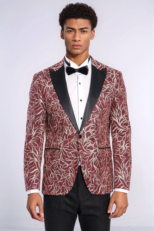 Sparkling Ivy Patterned Slim Fit Burgundy Men Prom Blazer - Wessi