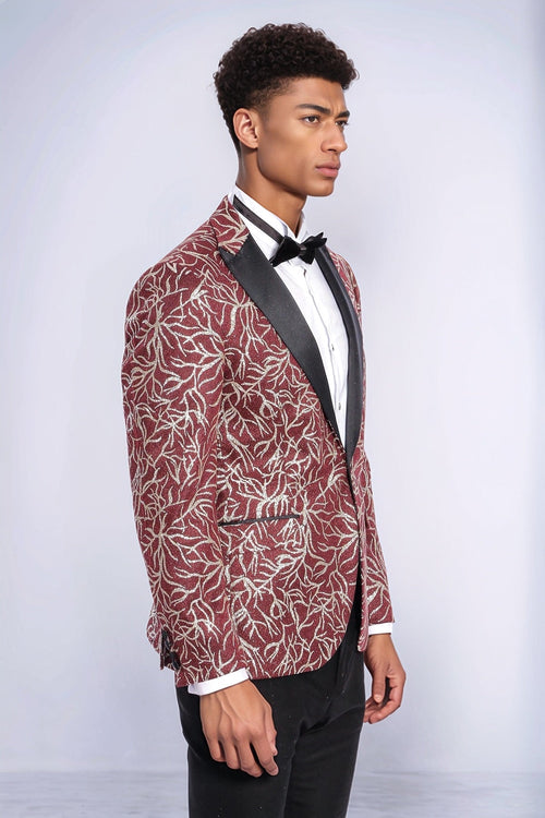 Sparkling Ivy Patterned Slim Fit Burgundy Men Prom Blazer - Wessi