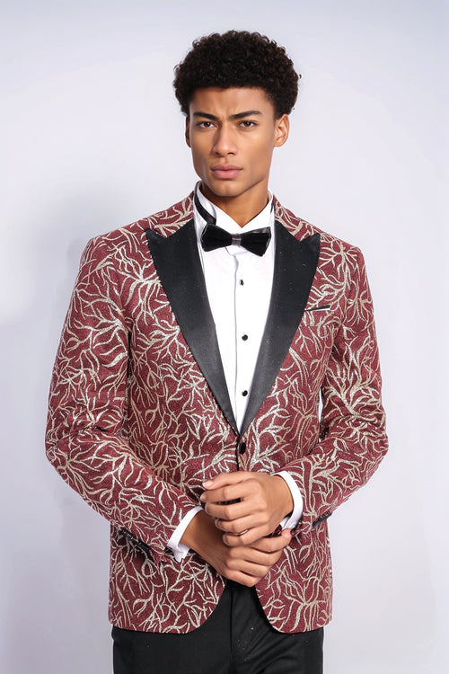 Sparkling Ivy Patterned Slim Fit Burgundy Men Prom Blazer - Wessi