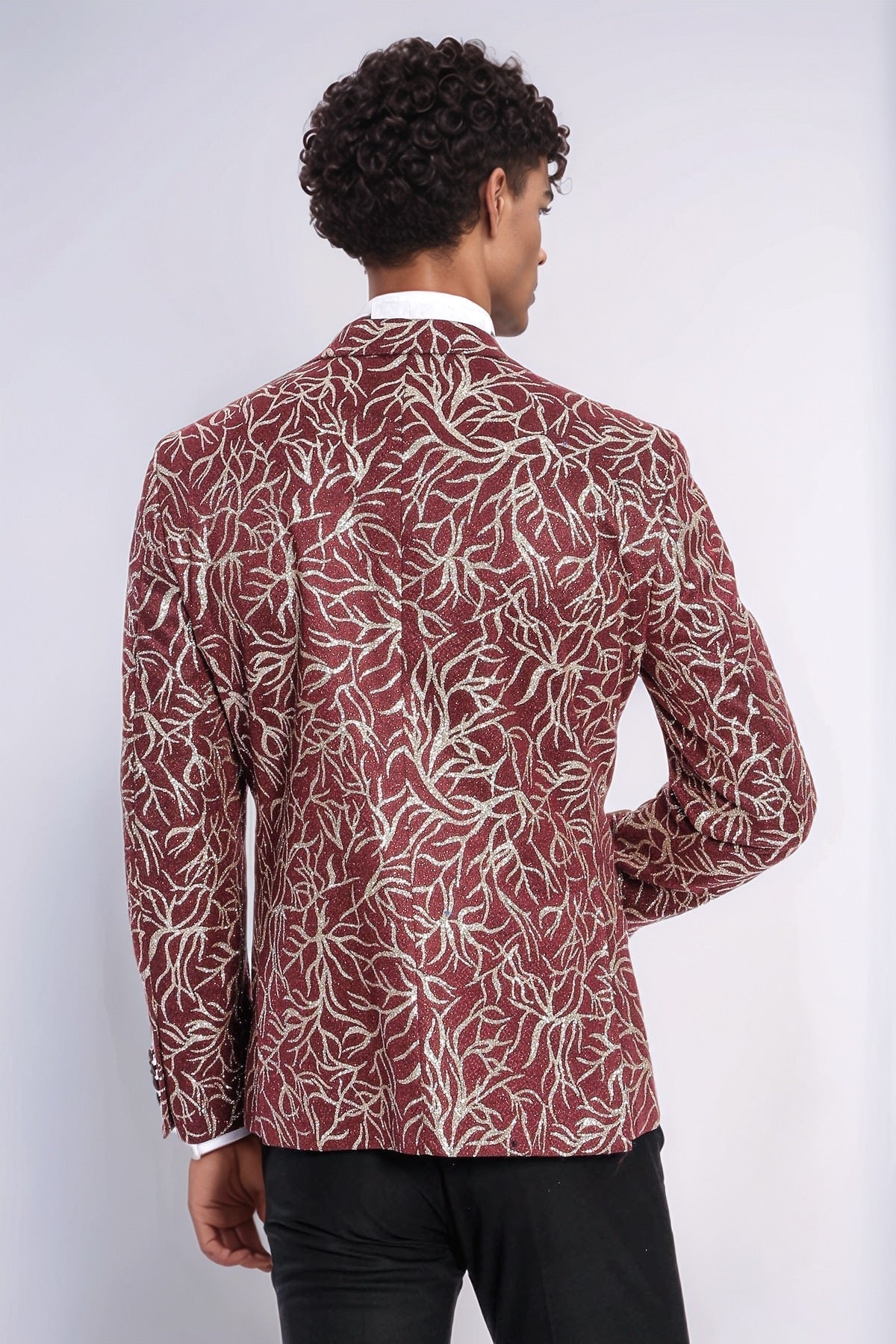 Sparkling Ivy Patterned Slim Fit Burgundy Men Prom Blazer - Wessi