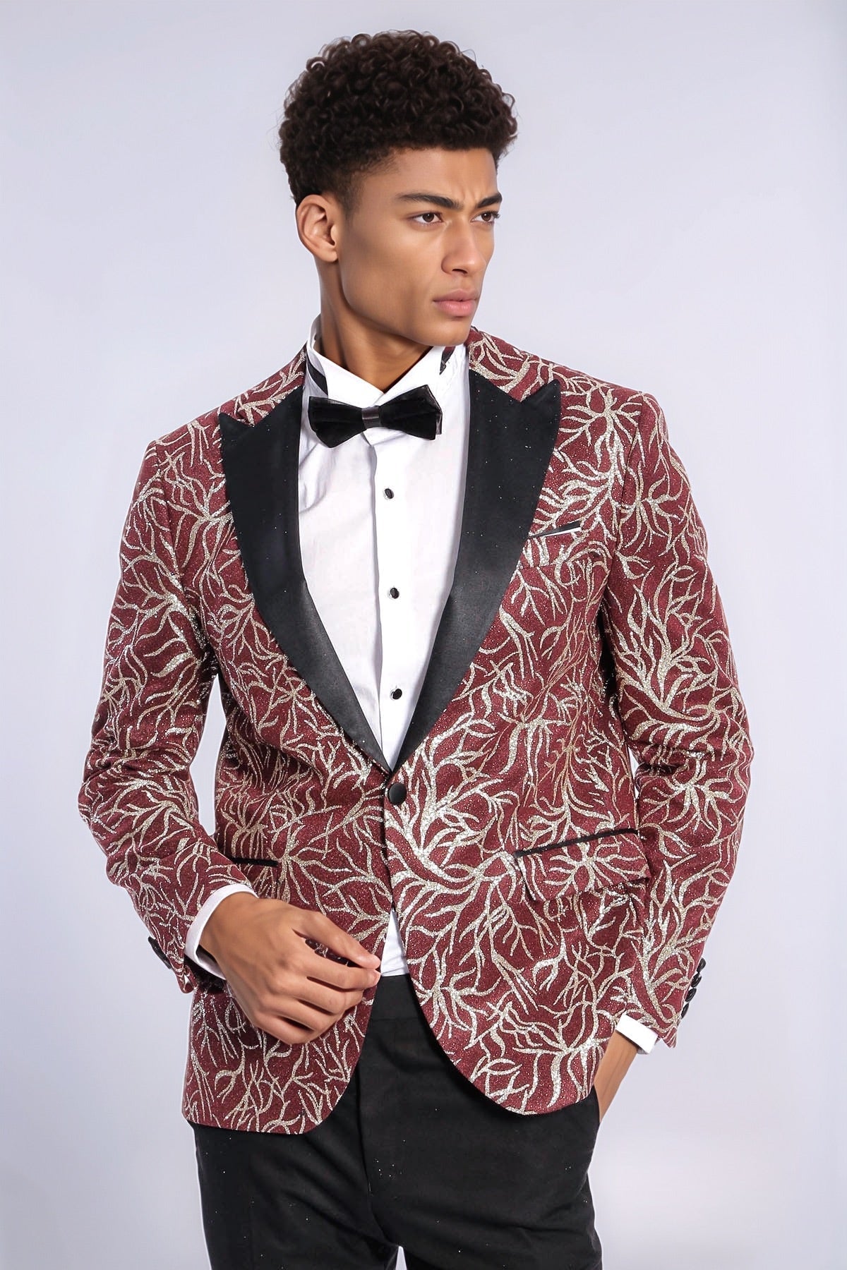 Sparkling Ivy Patterned Slim Fit Burgundy Men Prom Blazer - Wessi