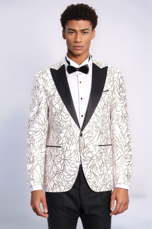 Sparkling Ivy Patterned Slim Fit White Men Prom Blazer - Wessi