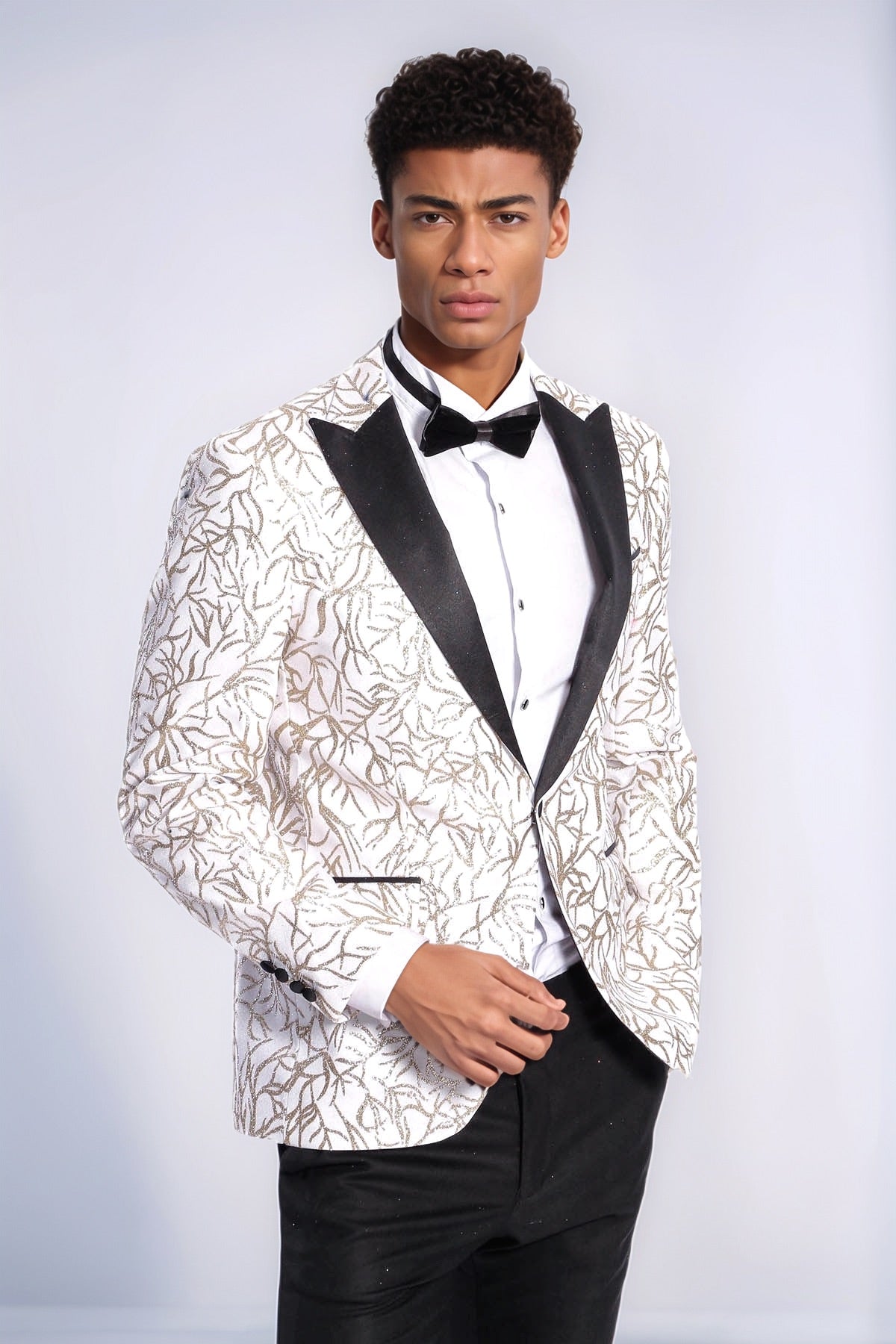 Sparkling Ivy Patterned Slim Fit White Men Prom Blazer - Wessi