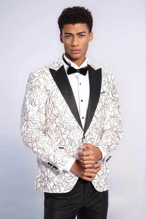 Sparkling Ivy Patterned Slim Fit White Men Prom Blazer - Wessi