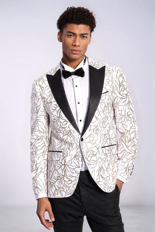 Sparkling Ivy Patterned Slim Fit White Men Prom Blazer - Wessi