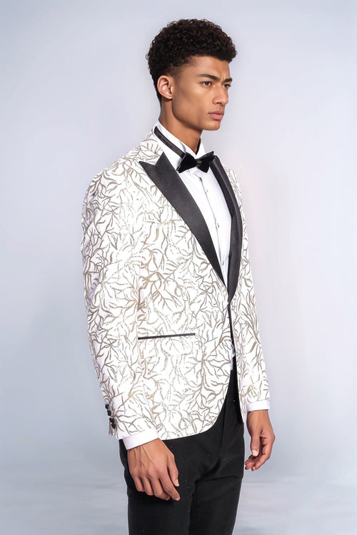 Sparkling Ivy Patterned Slim Fit White Men Prom Blazer - Wessi