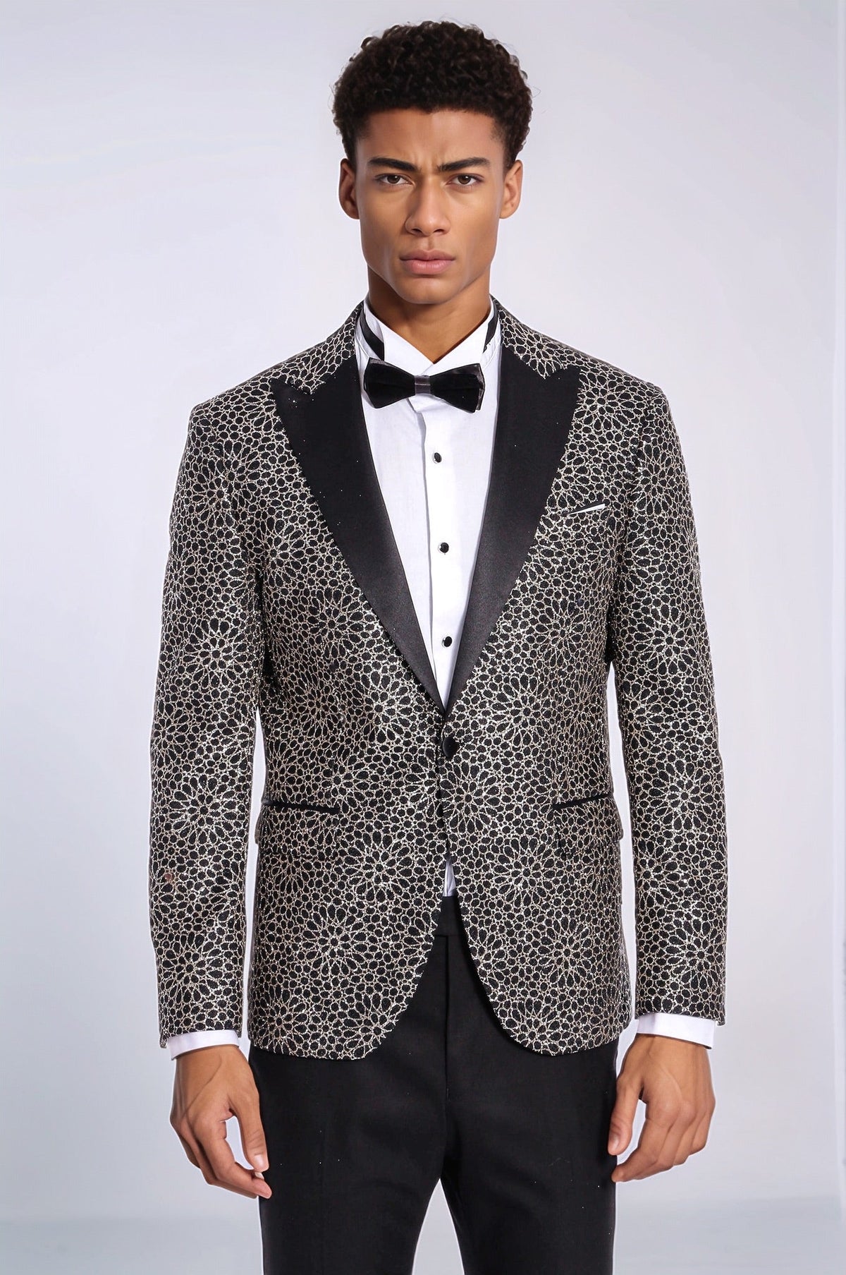 Flower Embroidered Pattern Black Men Prom Blazer - Wessi