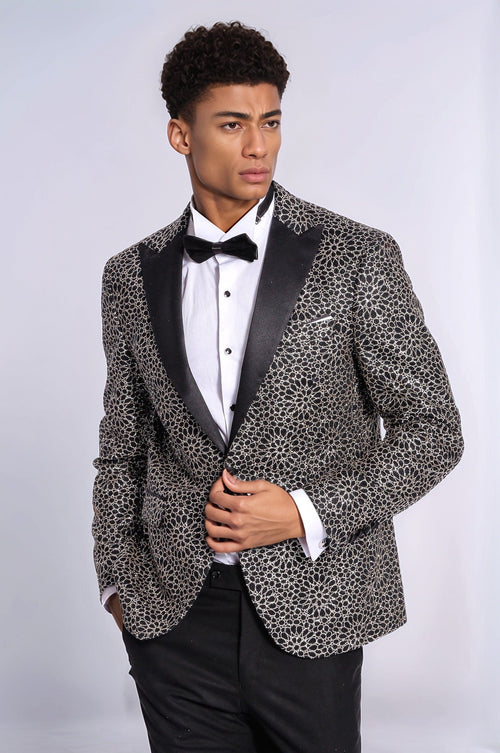 Flower Embroidered Pattern Black Men Prom Blazer - Wessi