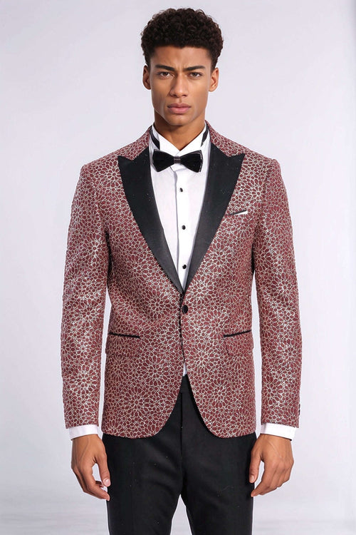 Flower Embroidered Pattern Burgundy Men Prom Blazer - Wessi