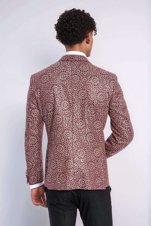 Flower Embroidered Pattern Burgundy Men Prom Blazer - Wessi