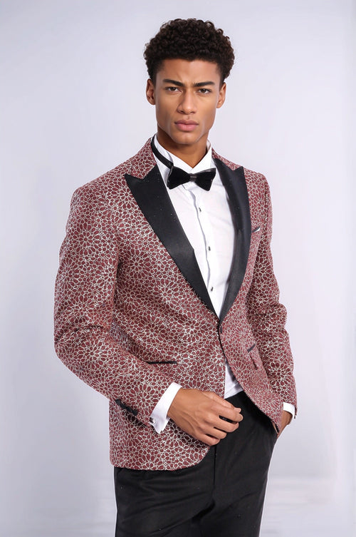 Flower Embroidered Pattern Burgundy Men Prom Blazer - Wessi