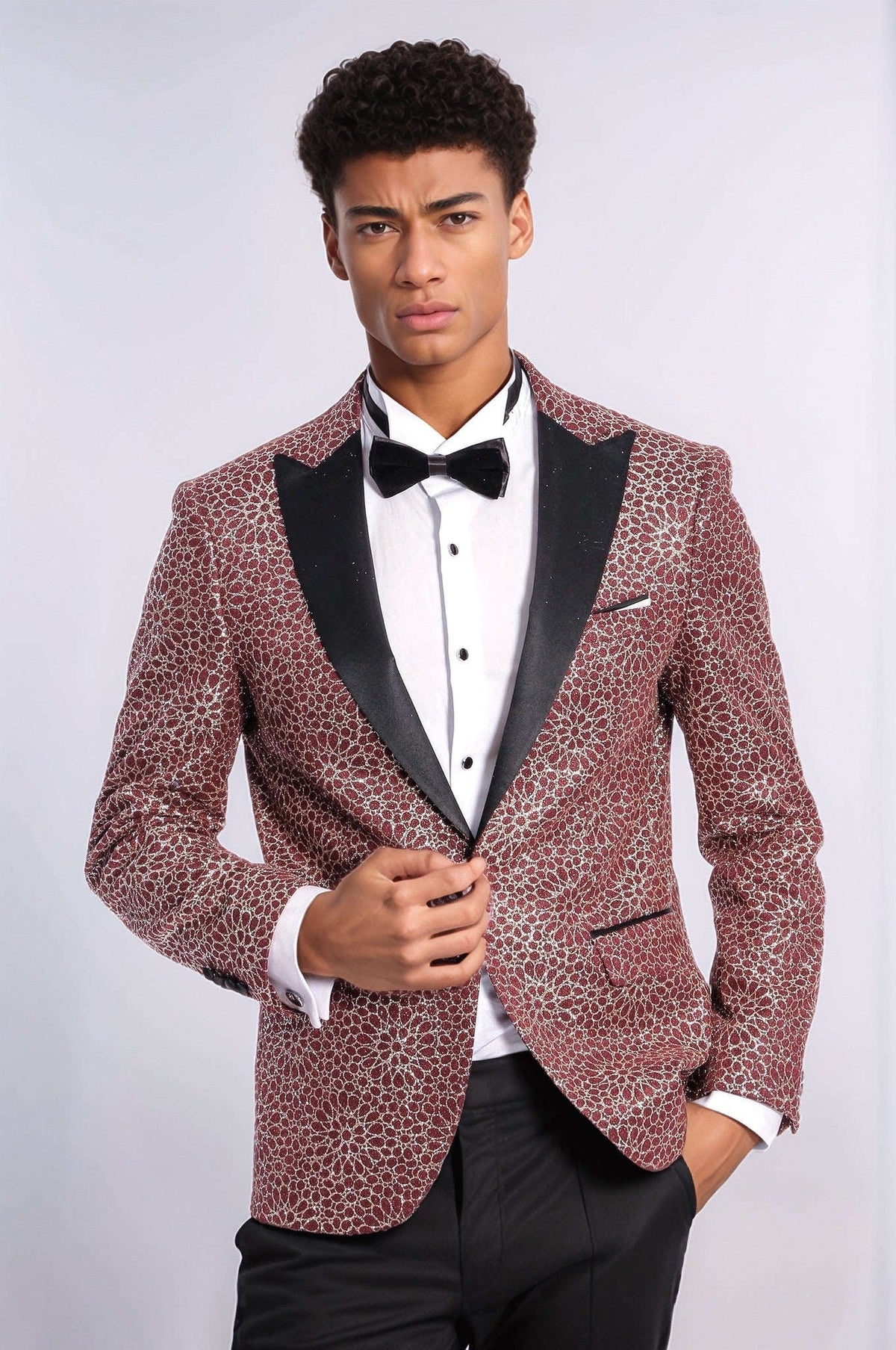 Flower Embroidered Pattern Burgundy Men Prom Blazer - Wessi