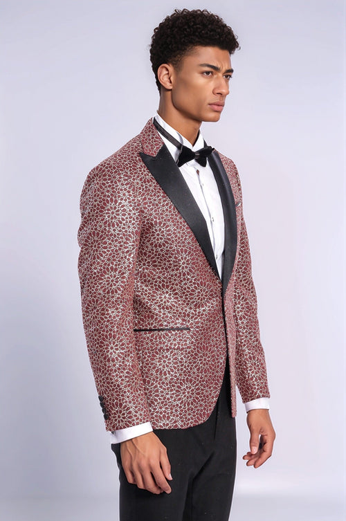 Flower Embroidered Pattern Burgundy Men Prom Blazer - Wessi