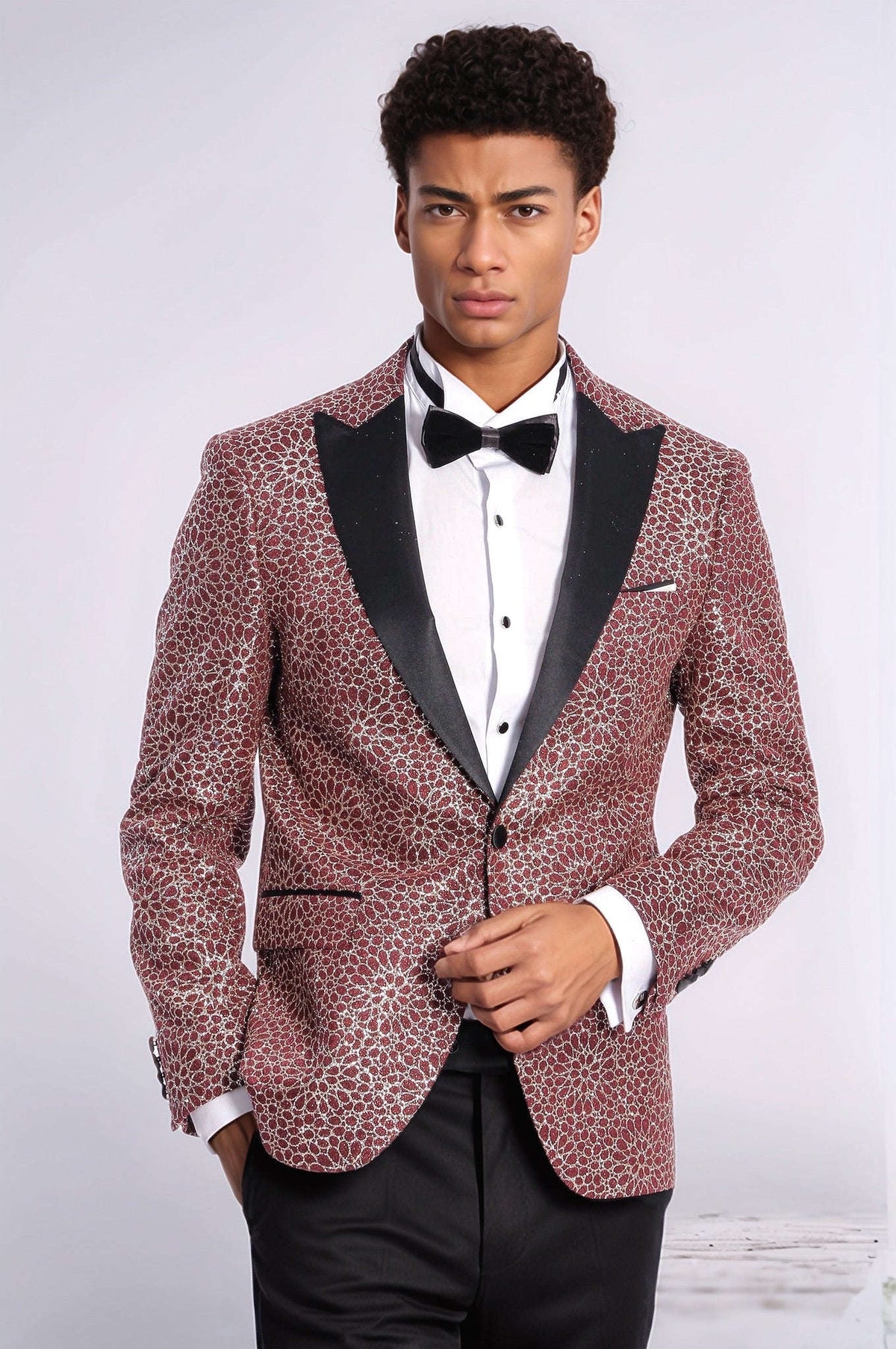Flower Embroidered Pattern Burgundy Men Prom Blazer - Wessi